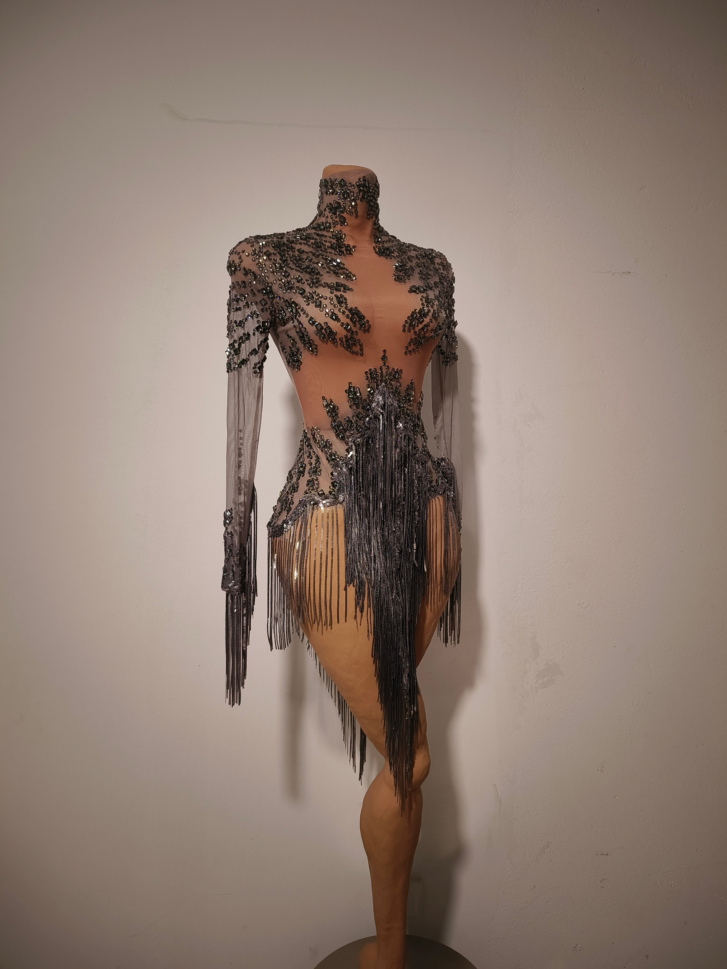 Tangshui Grey Transparent Mesh Fringe Diamond Jumpsuit