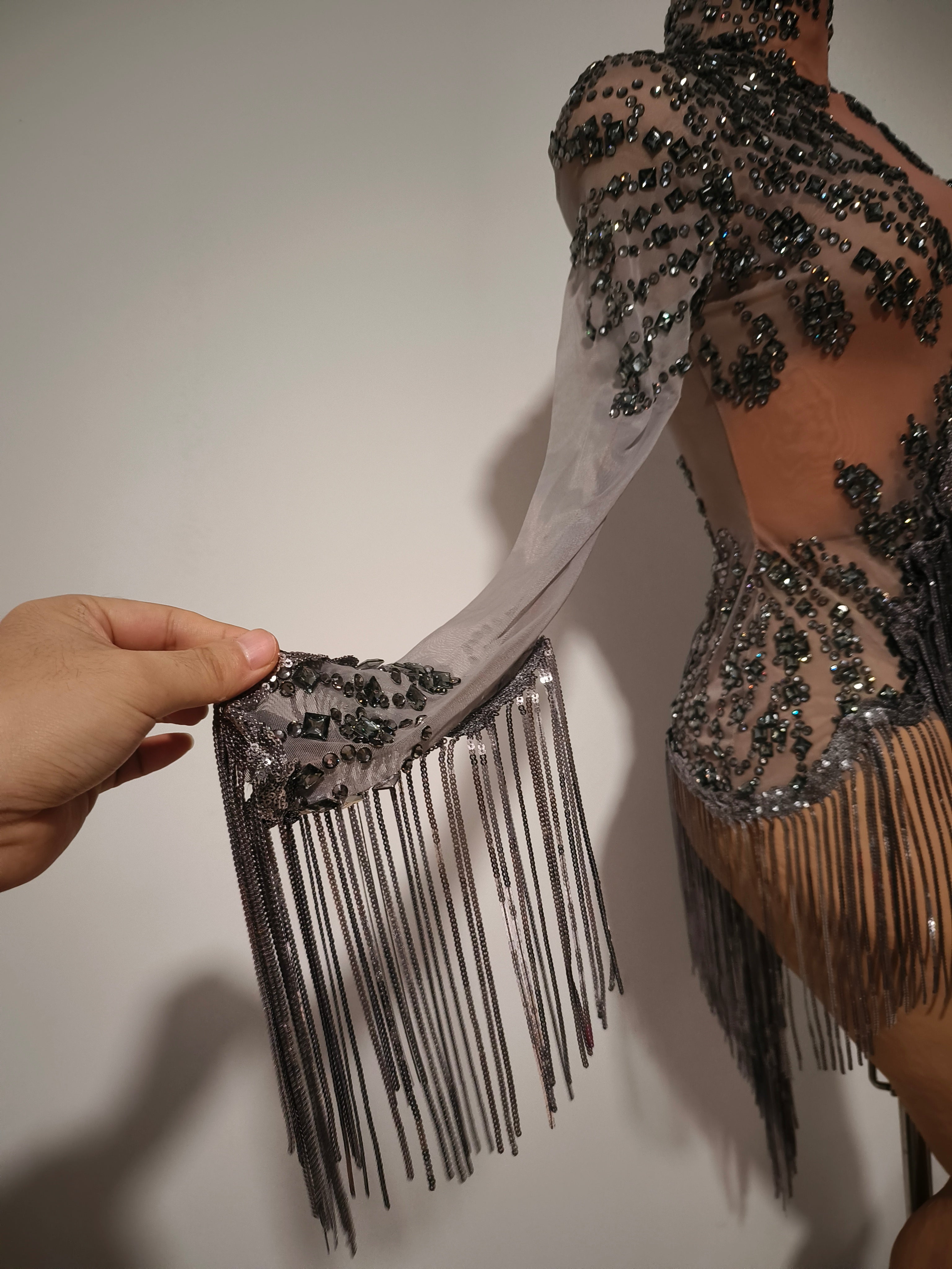 Tangshui Grey Transparent Mesh Fringe Diamond Jumpsuit