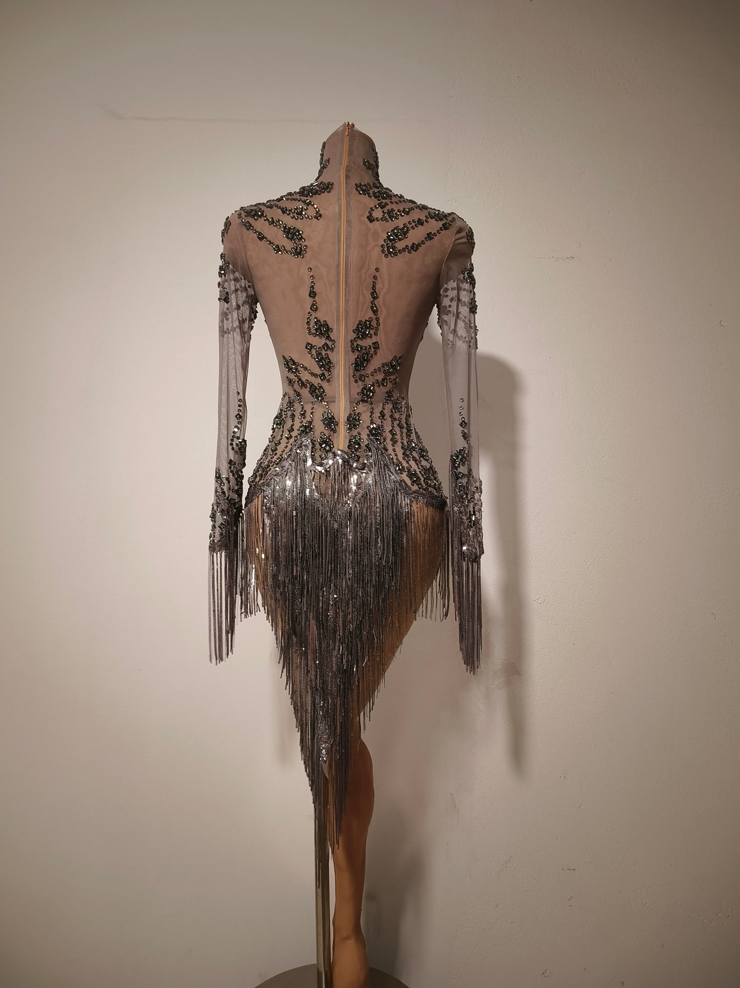 Tangshui Grey Transparent Mesh Fringe Diamond Jumpsuit