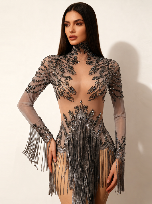 Tangshui Grey Transparent Mesh Fringe Diamond Jumpsuit