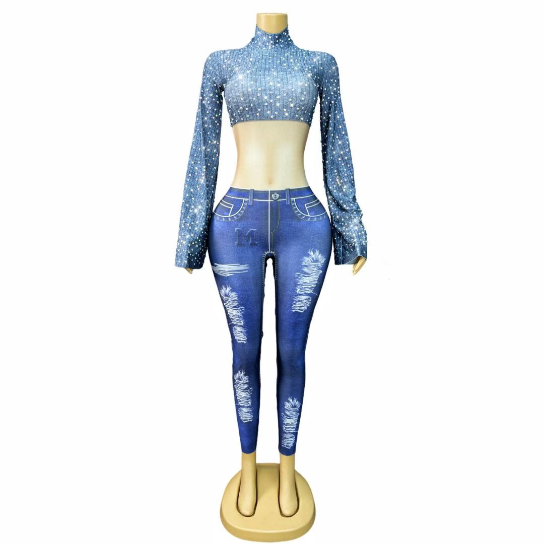 CELESINYI Shuangcengku Crystal Denim Jumpsuit