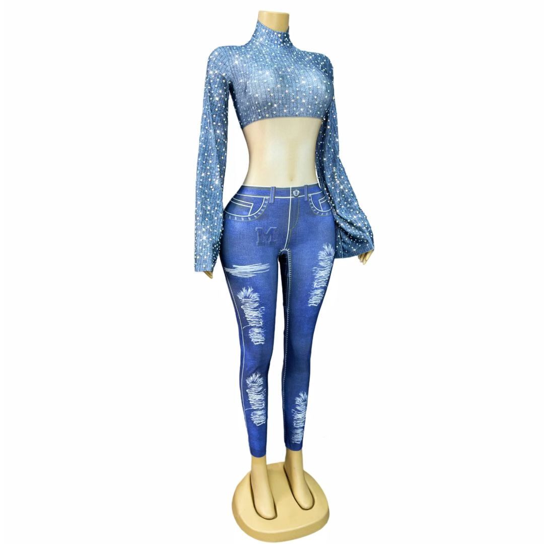 CELESINYI Shuangcengku Crystal Denim Jumpsuit
