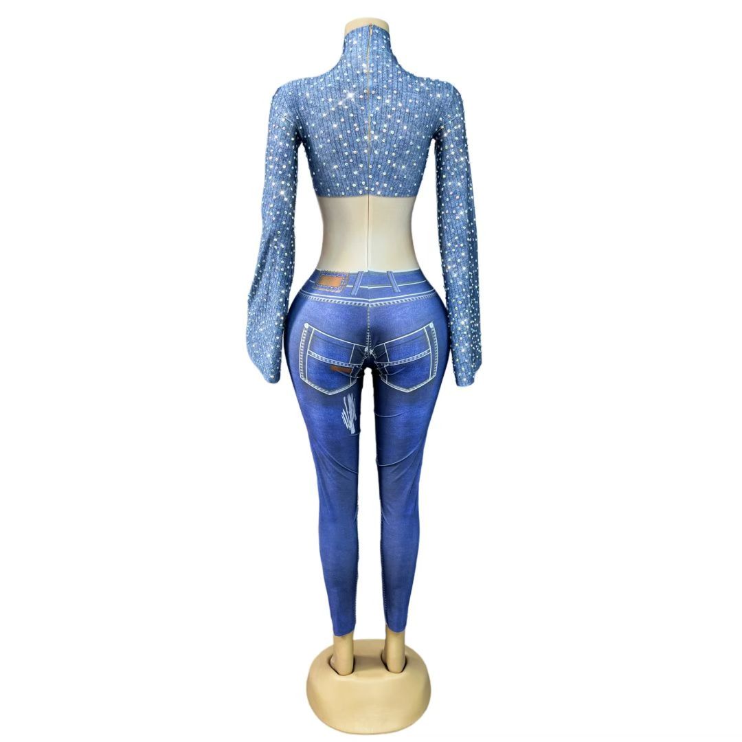 CELESINYI Shuangcengku Crystal Denim Jumpsuit