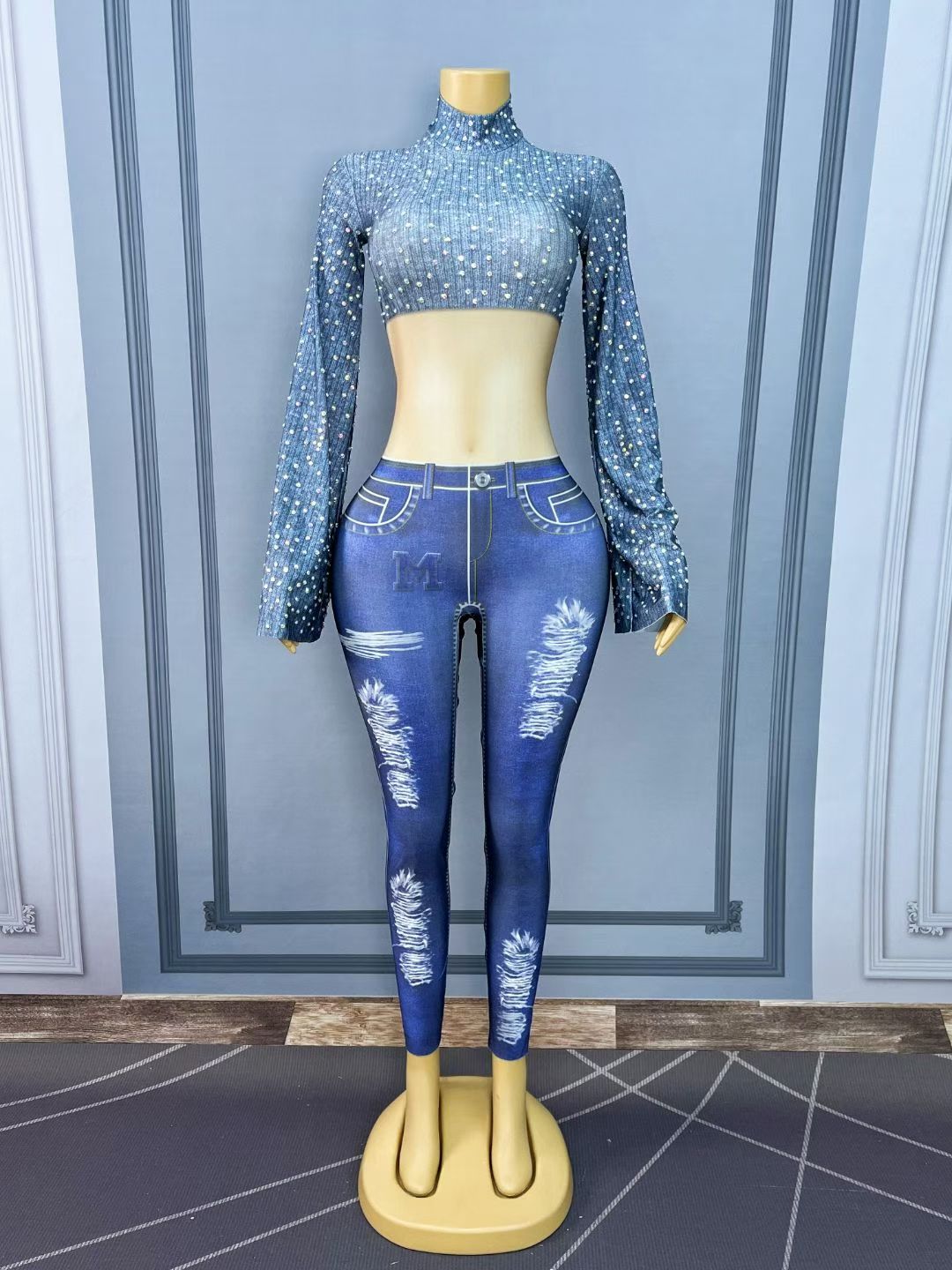 CELESINYI Shuangcengku Crystal Denim Jumpsuit