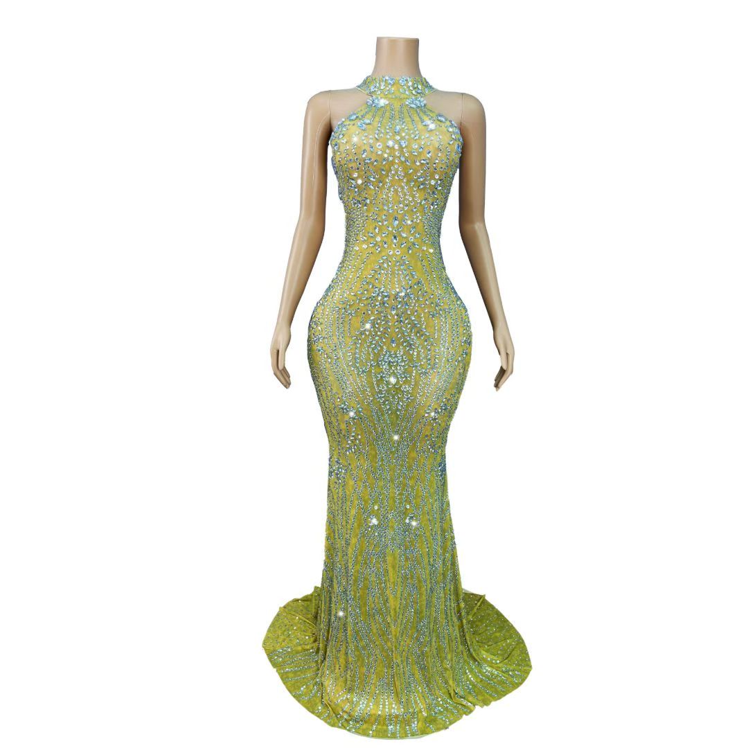 CELESINYI Jiegeng Crystal Yellow Halter Gown