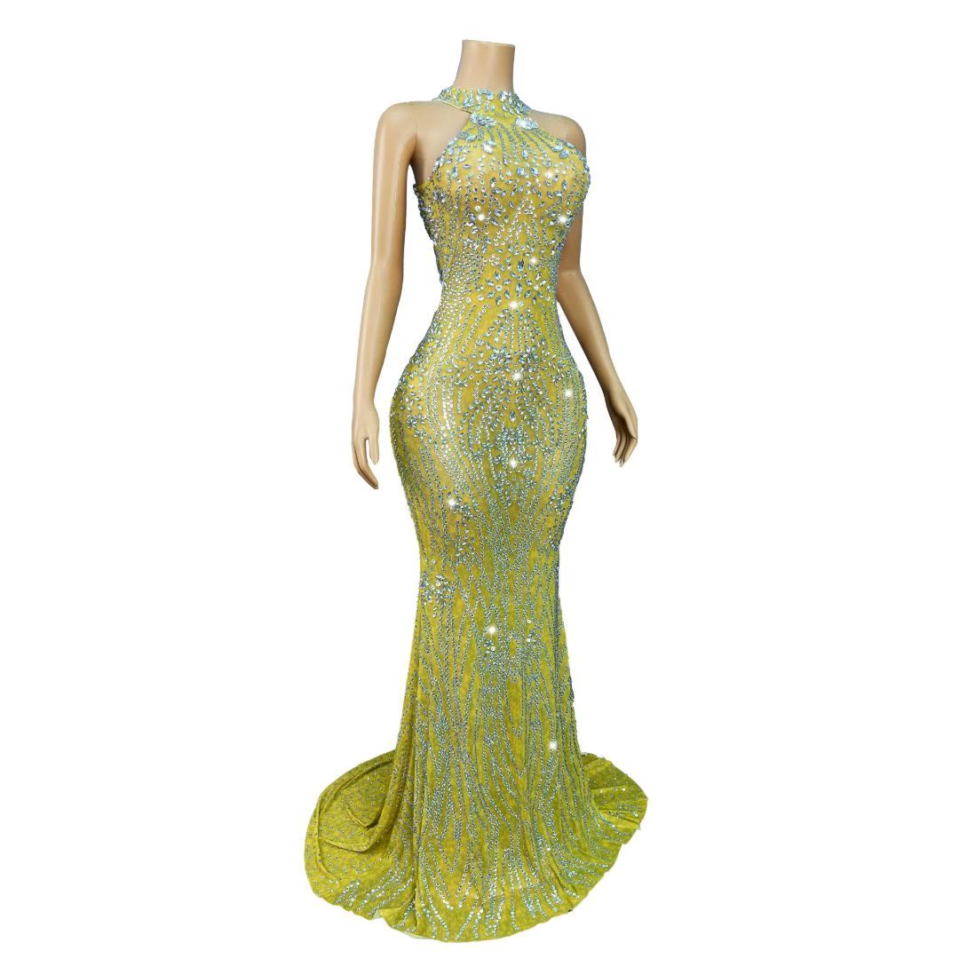CELESINYI Jiegeng Crystal Yellow Halter Gown