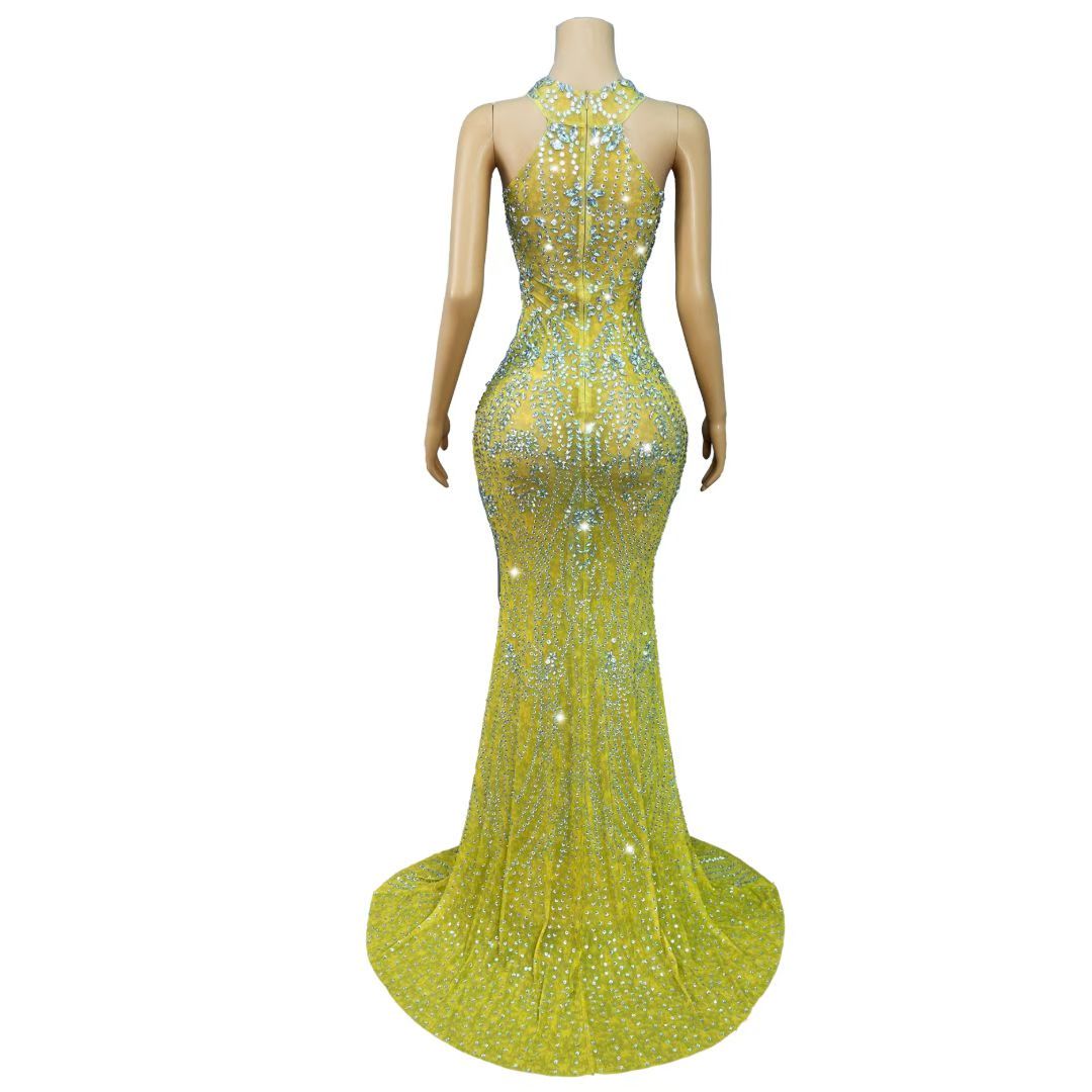 CELESINYI Jiegeng Crystal Yellow Halter Gown
