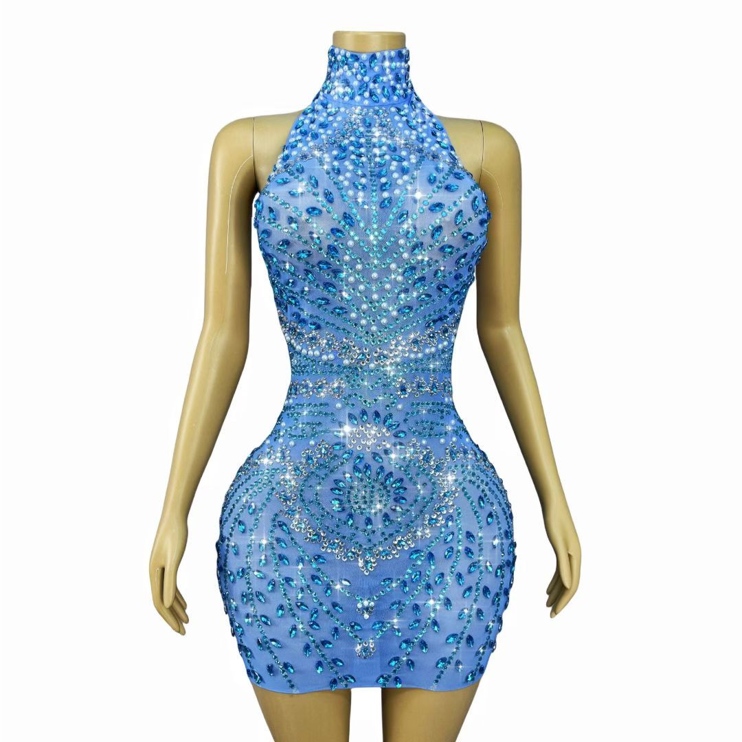 CELESINYI Helanye Crystal Teal Mesh Mini Dress