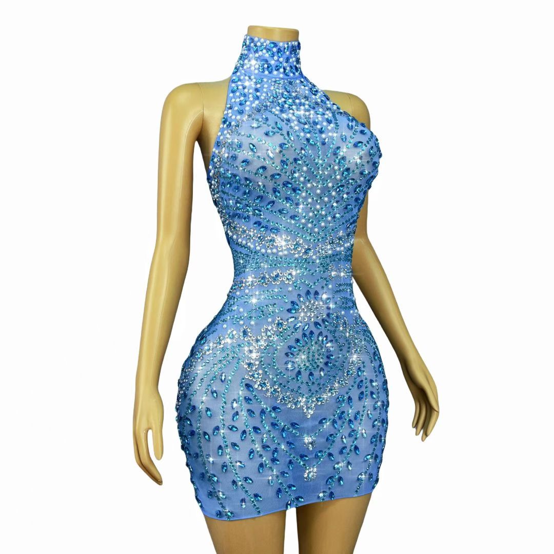 CELESINYI Helanye Crystal Teal Mesh Mini Dress