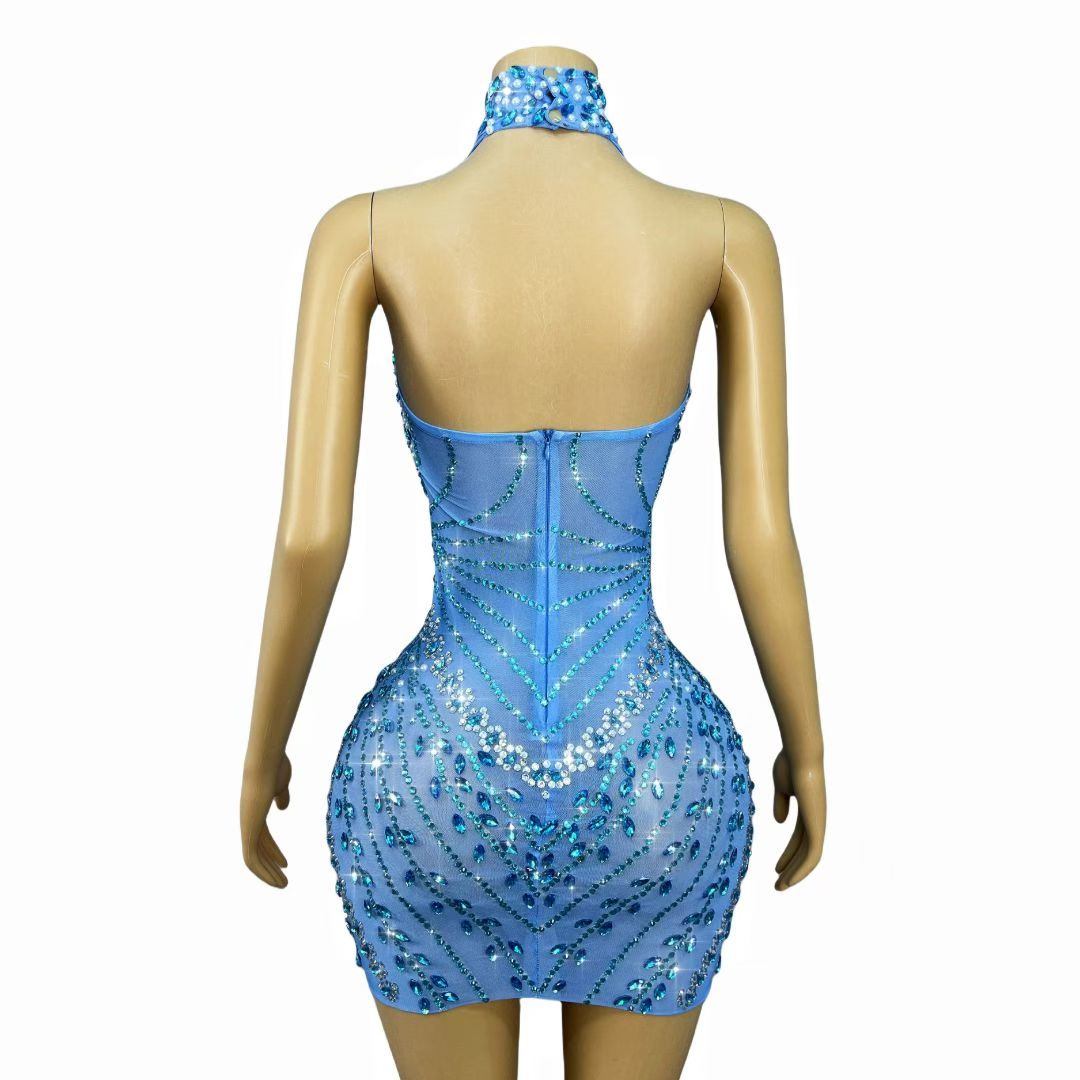CELESINYI Helanye Crystal Teal Mesh Mini Dress
