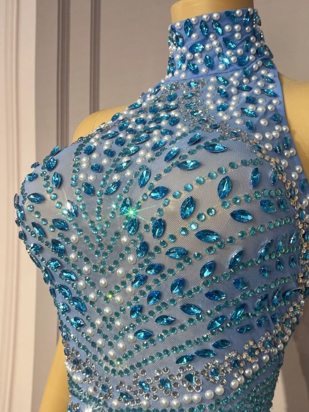 CELESINYI Helanye Crystal Teal Mesh Mini Dress