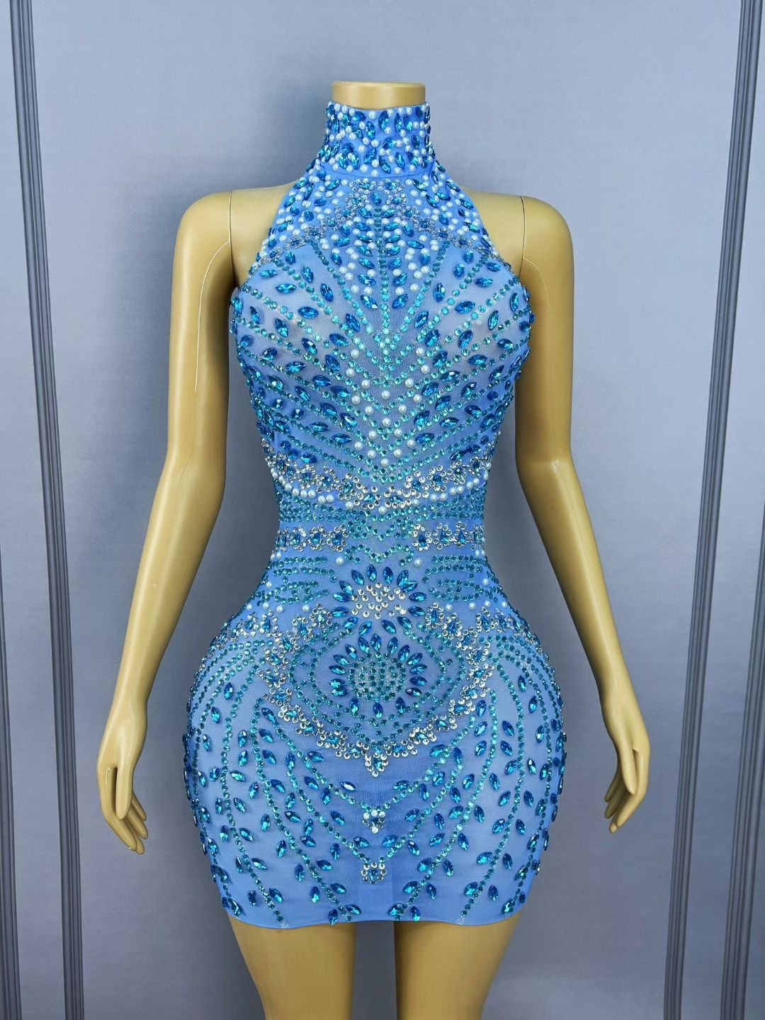 CELESINYI Helanye Crystal Teal Mesh Mini Dress