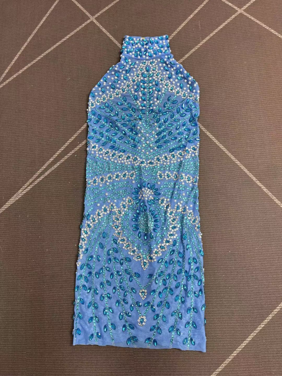 CELESINYI Helanye Crystal Teal Mesh Mini Dress