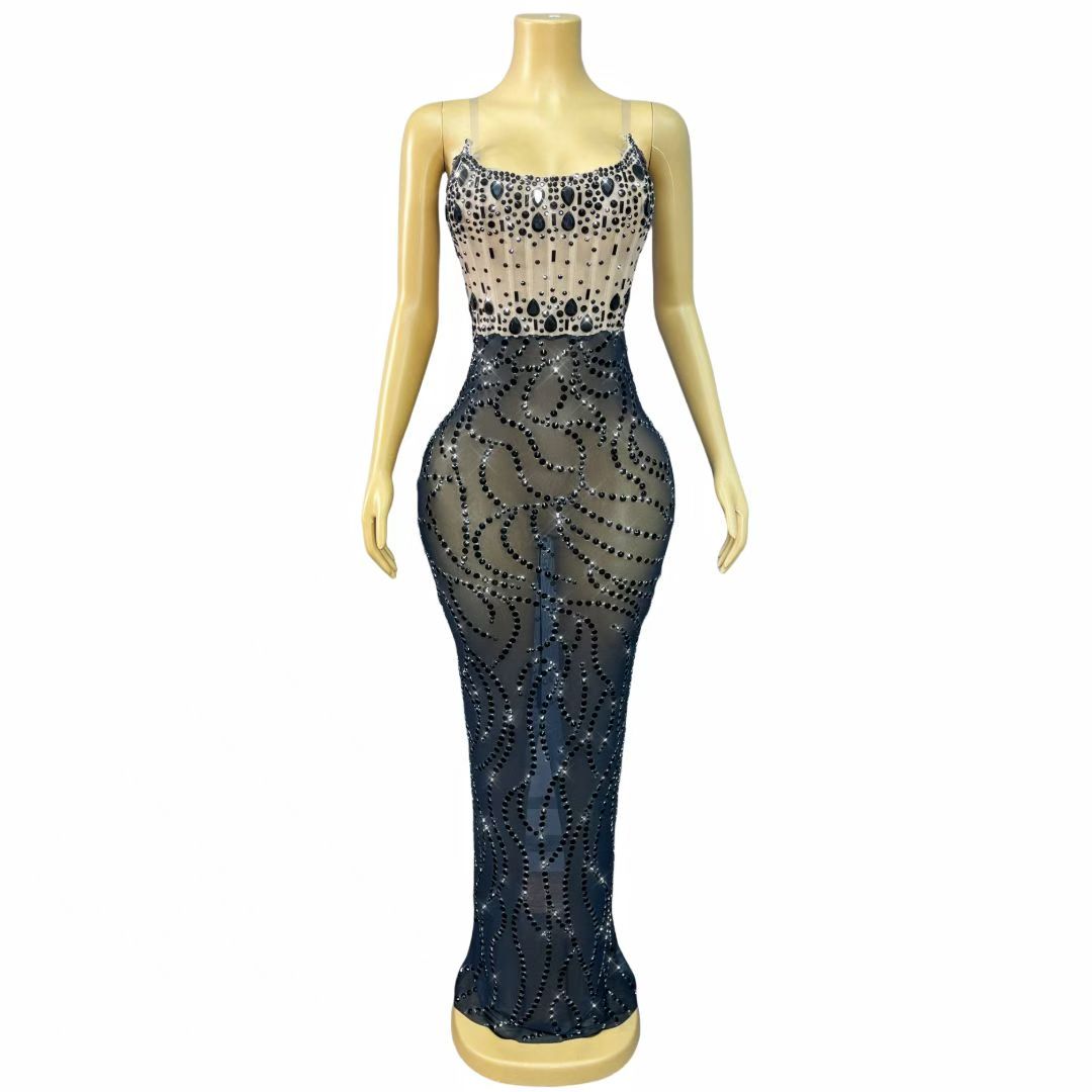 Bianfuyi Black Rhinestone Strapless Color-Blocked Maxi Dress