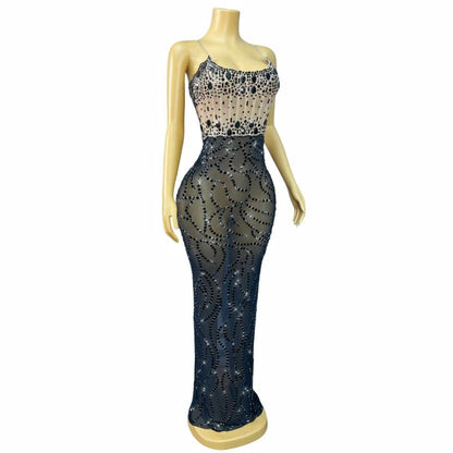 Bianfuyi Black Rhinestone Strapless Color-Blocked Maxi Dress