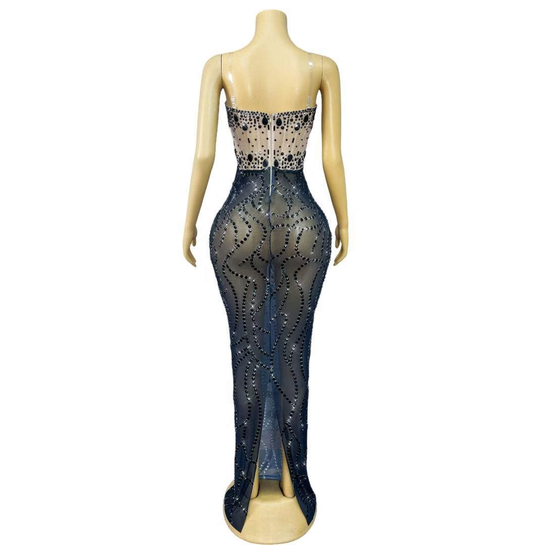 Bianfuyi Black Rhinestone Strapless Color-Blocked Maxi Dress