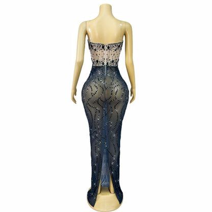 Bianfuyi Black Rhinestone Strapless Color-Blocked Maxi Dress