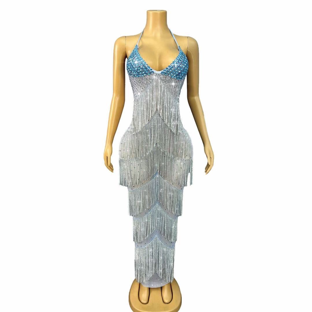 Liusuxing Blue Rhinestone Diamond Chain Strapless Dress