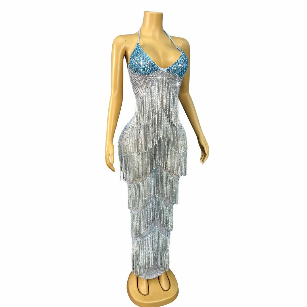 Liusuxing Blue Rhinestone Diamond Chain Strapless Dress