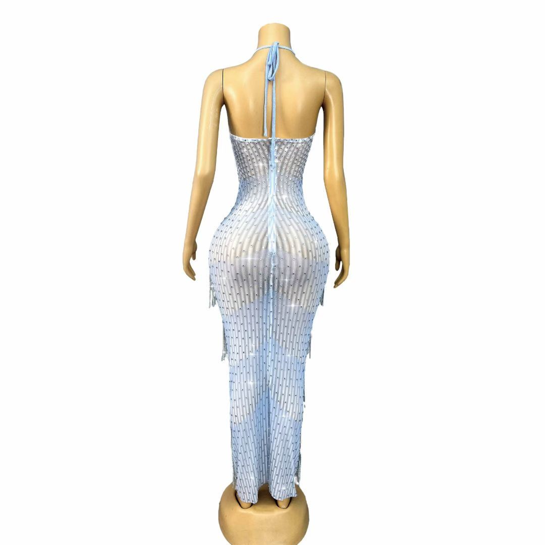 Liusuxing Blue Rhinestone Diamond Chain Strapless Dress