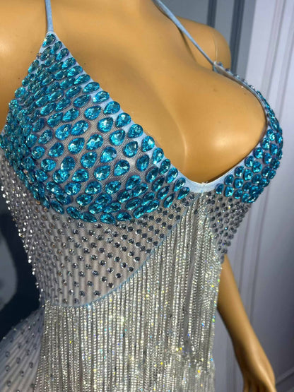Liusuxing Blue Rhinestone Diamond Chain Strapless Dress