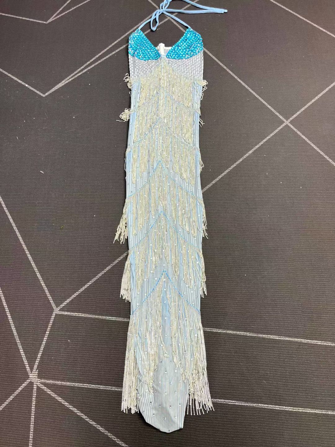 Liusuxing Blue Rhinestone Diamond Chain Strapless Dress