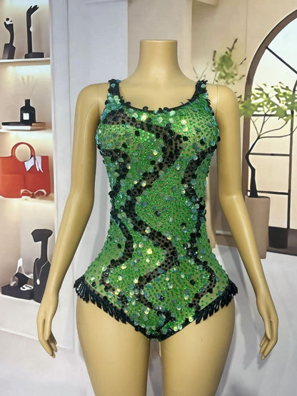 Lvleishe Green Sequin Rhinestone Jumpsuit