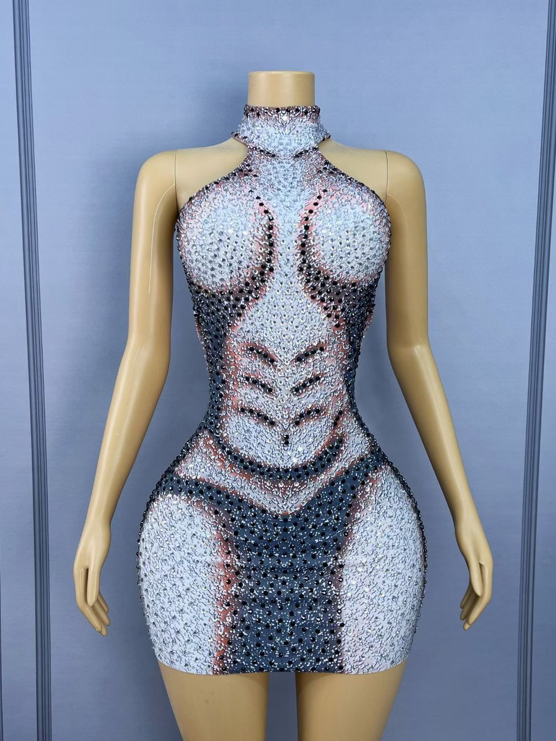 CELESINYI Larou Crystal Illusion Muscle Mini Dress
