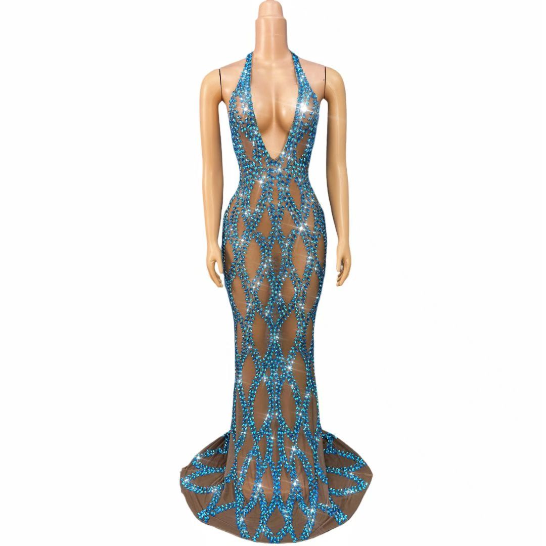 CELESINYI Tengliuzhi Crystal Leaf Halter Gown (Blue)