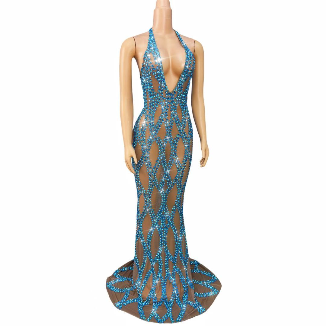 CELESINYI Tengliuzhi Crystal Leaf Halter Gown (Blue)