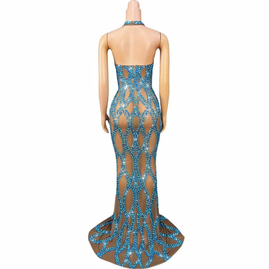 CELESINYI Tengliuzhi Crystal Leaf Halter Gown (Blue)