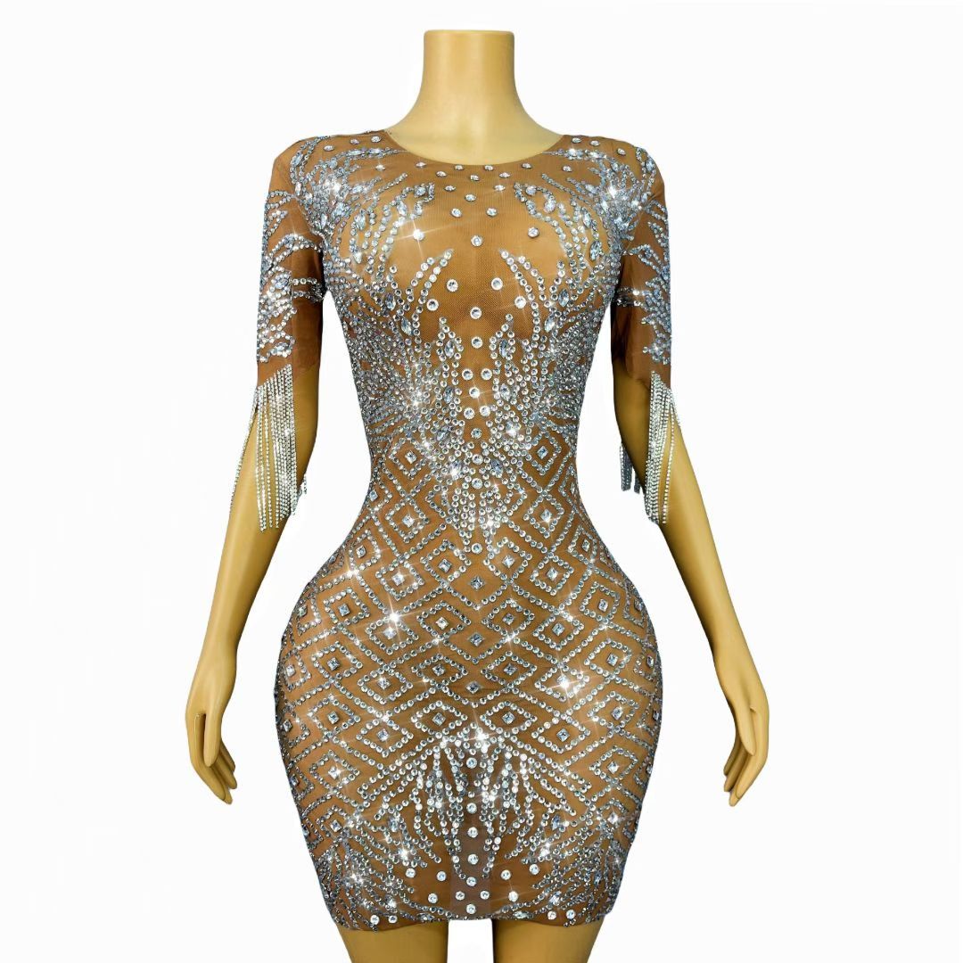 CELESINYI Shuicaosi Crystal Wave Fringe Mini Dress