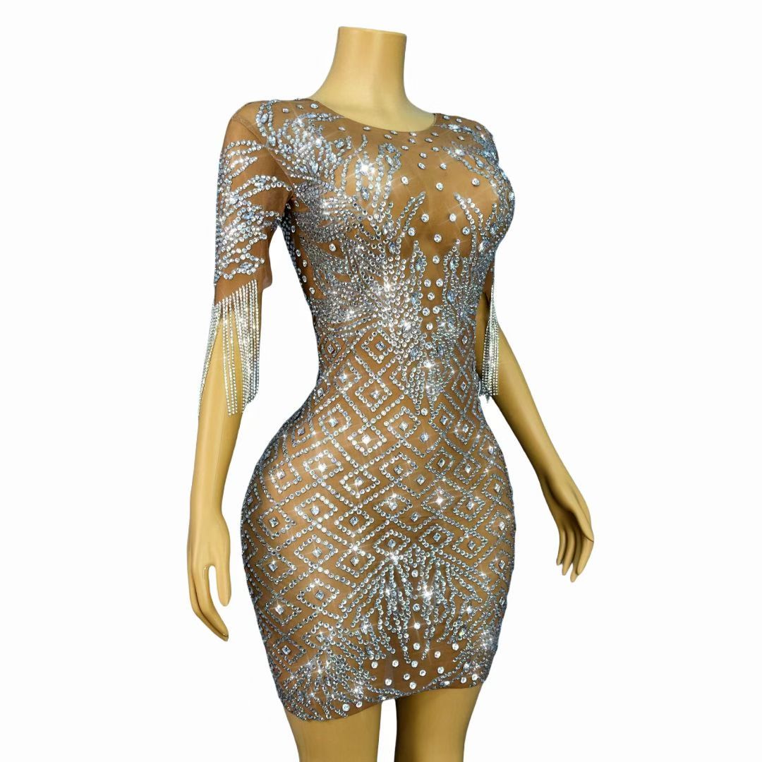 CELESINYI Shuicaosi Crystal Wave Fringe Mini Dress