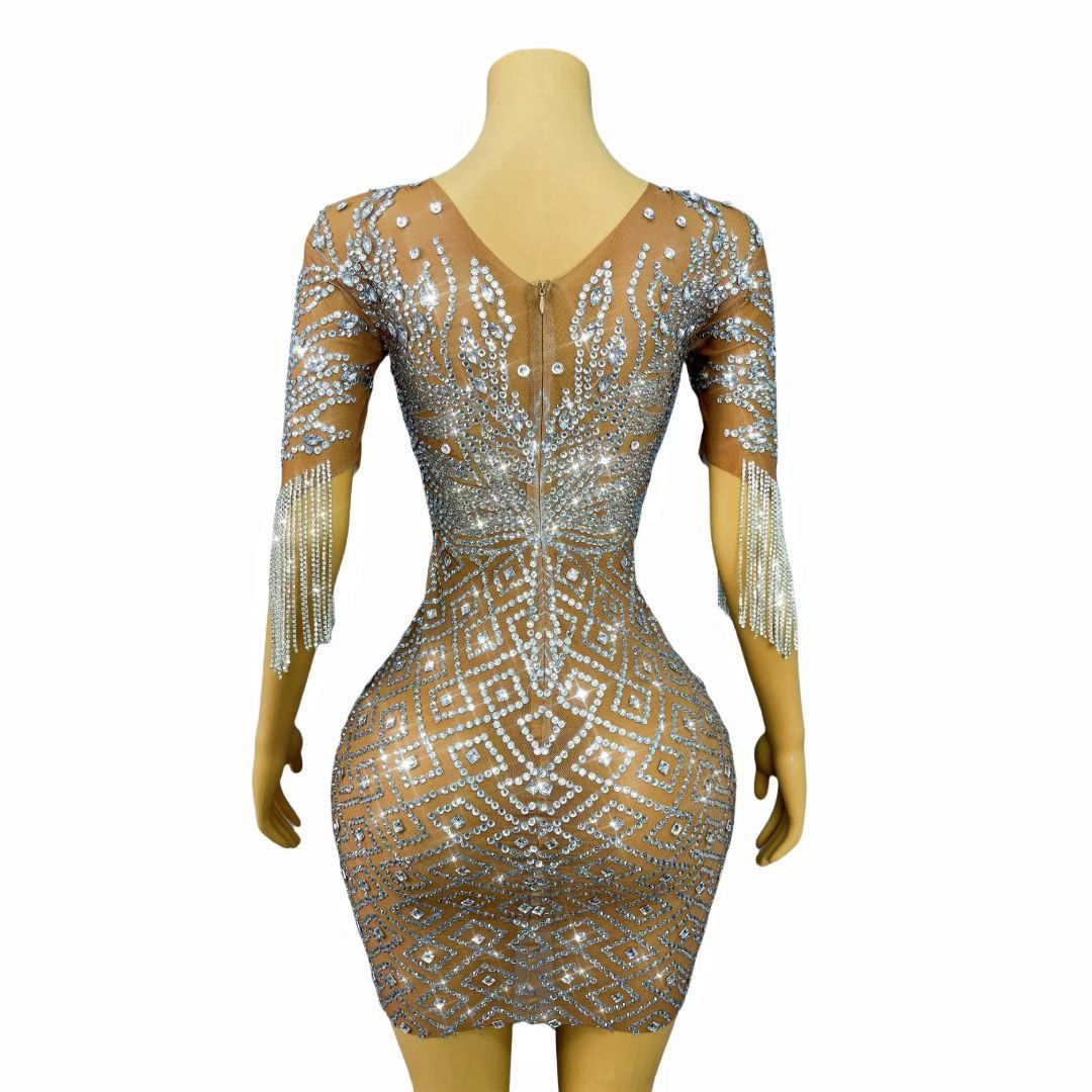 CELESINYI Shuicaosi Crystal Wave Fringe Mini Dress