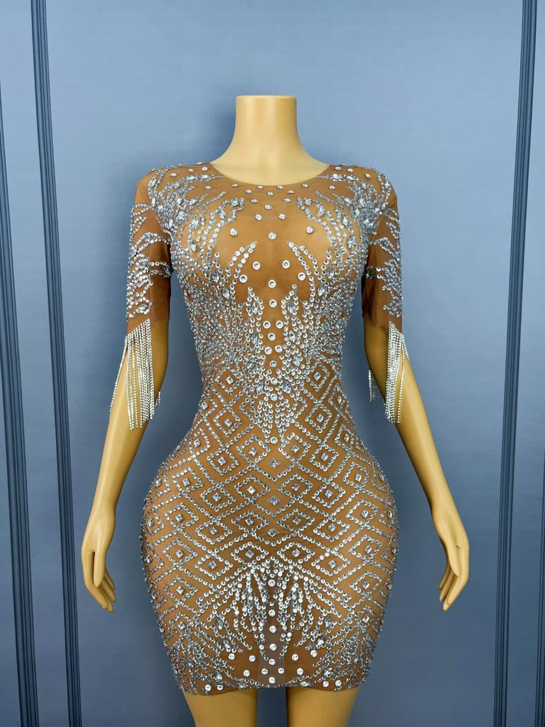 CELESINYI Shuicaosi Crystal Wave Fringe Mini Dress