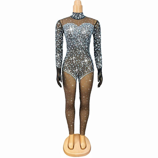CELESINYI Zawenku Crystal Mixed Grid Catsuit