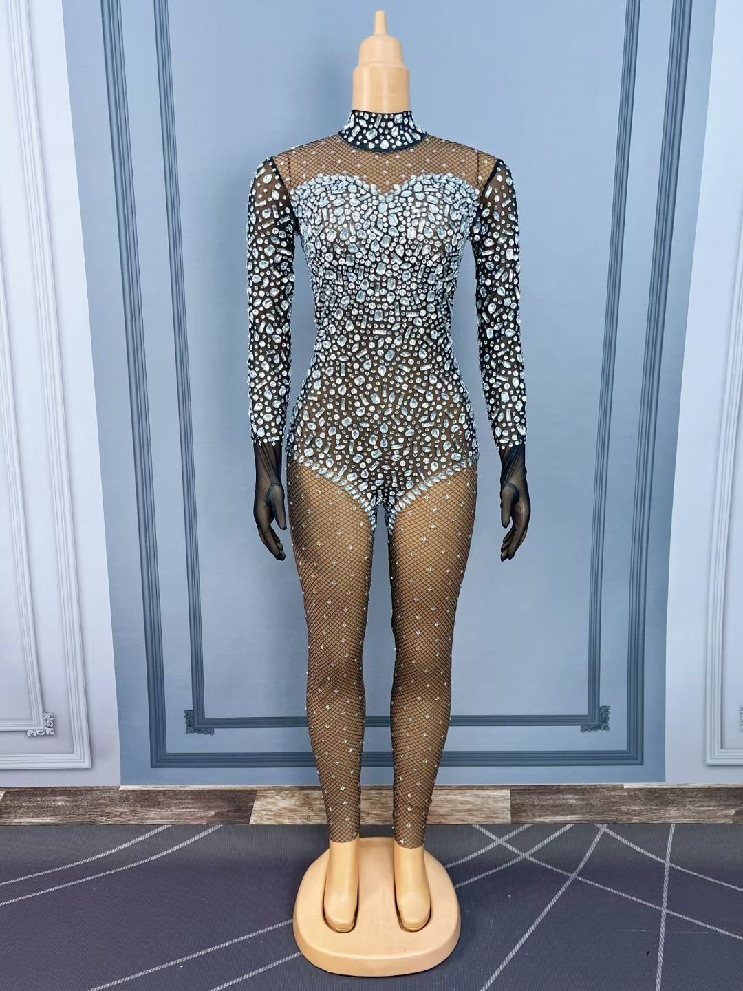 CELESINYI Zawenku Crystal Fishnet Catsuit