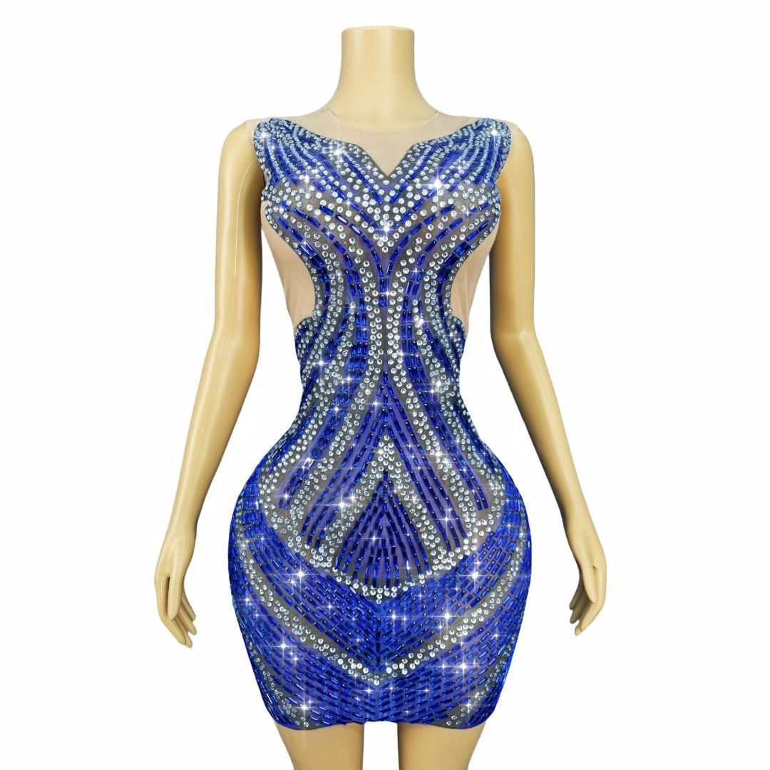 CELESINYI Yelan Crystal Royal Blue Bodycon Gown