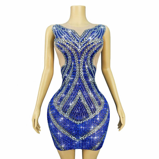 CELESINYI Yelan Crystal Royal Blue Illusion Dress