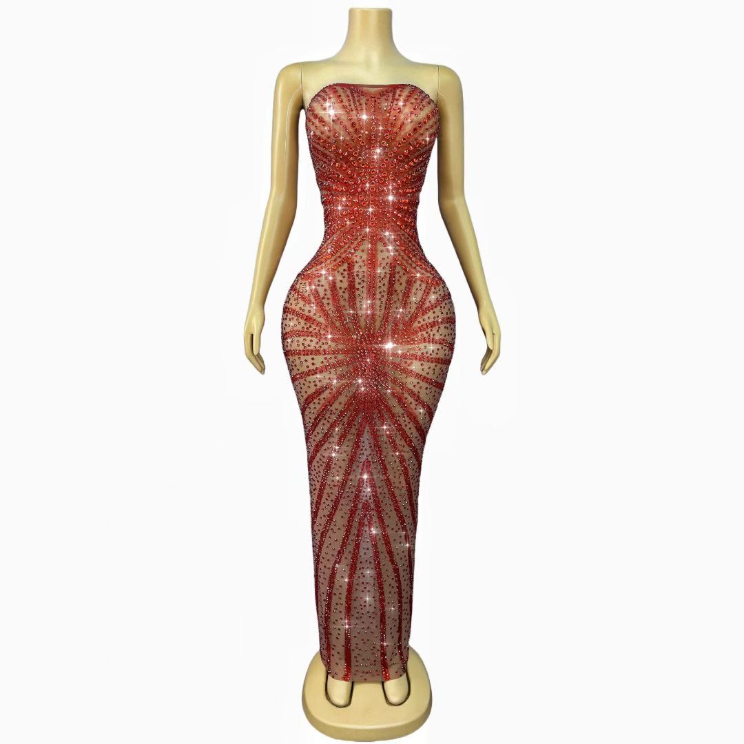 CELESINYI Shuixiu Crystal Red Sunburst Gown