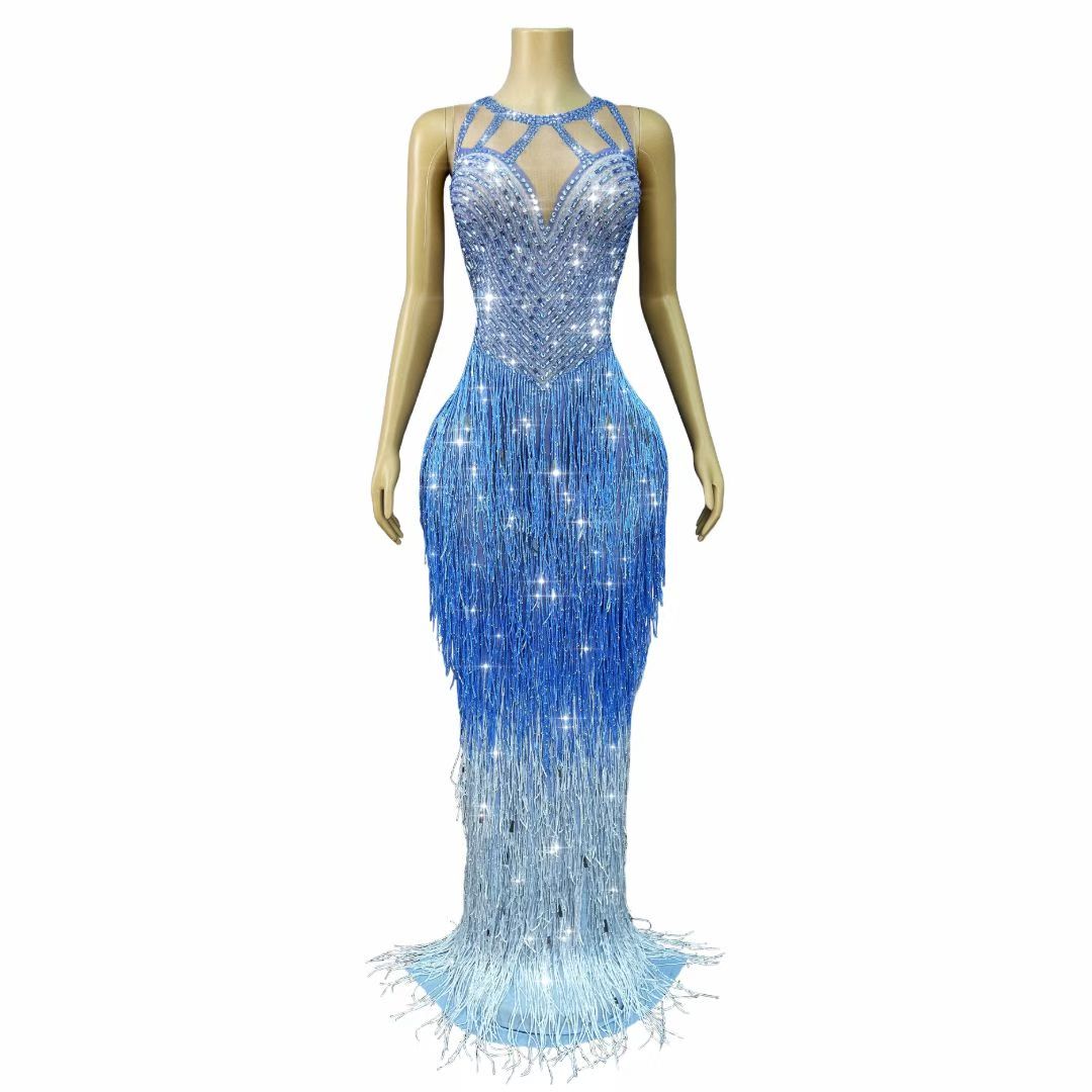 CELESINYI Piaoliu Crystal Blue Fringe Gown