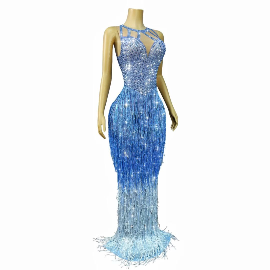 CELESINYI Piaoliu Crystal Blue Fringe Gown