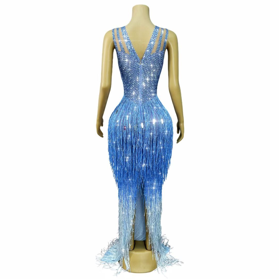CELESINYI Piaoliu Crystal Blue Fringe Gown