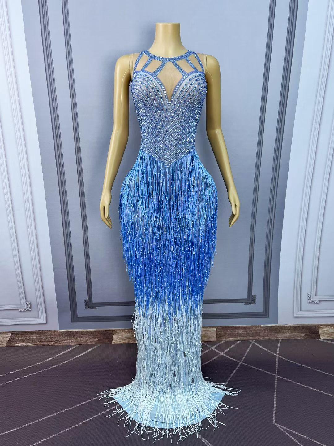 CELESINYI Piaoliu Crystal Blue Fringe Gown