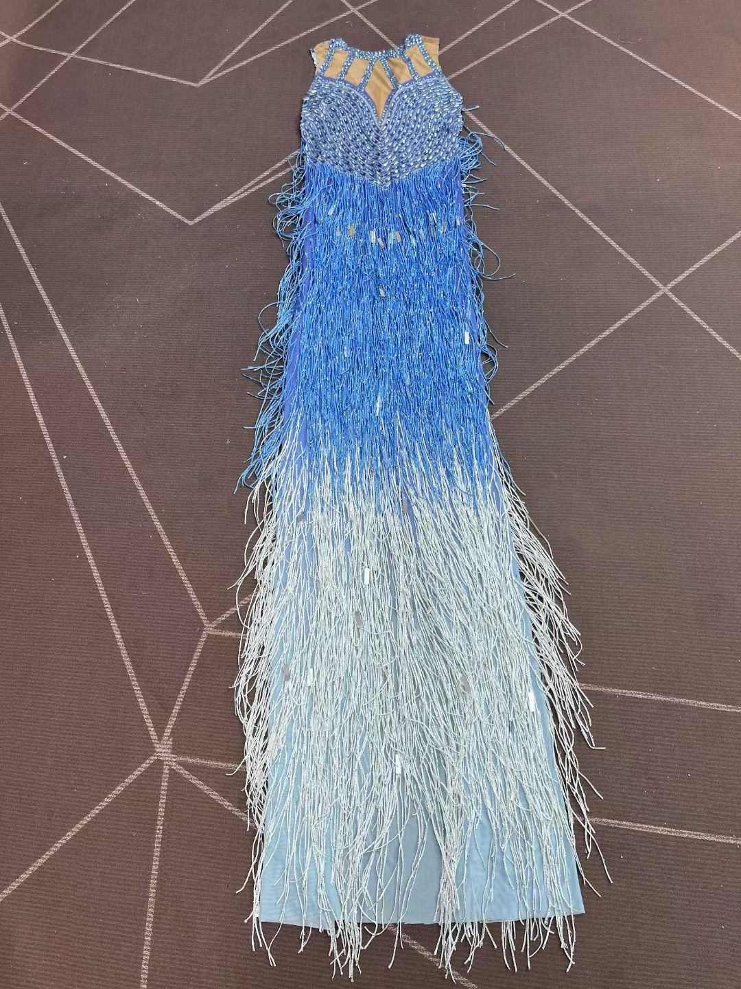 CELESINYI Piaoliu Crystal Blue Fringe Gown