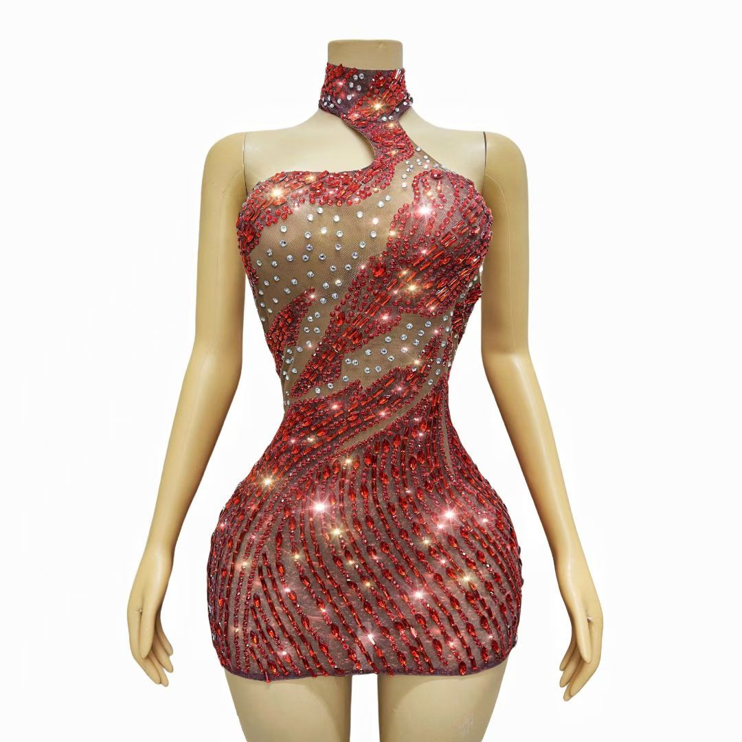 CELESINYI Honglin Crystal Red Forest Mini Dress