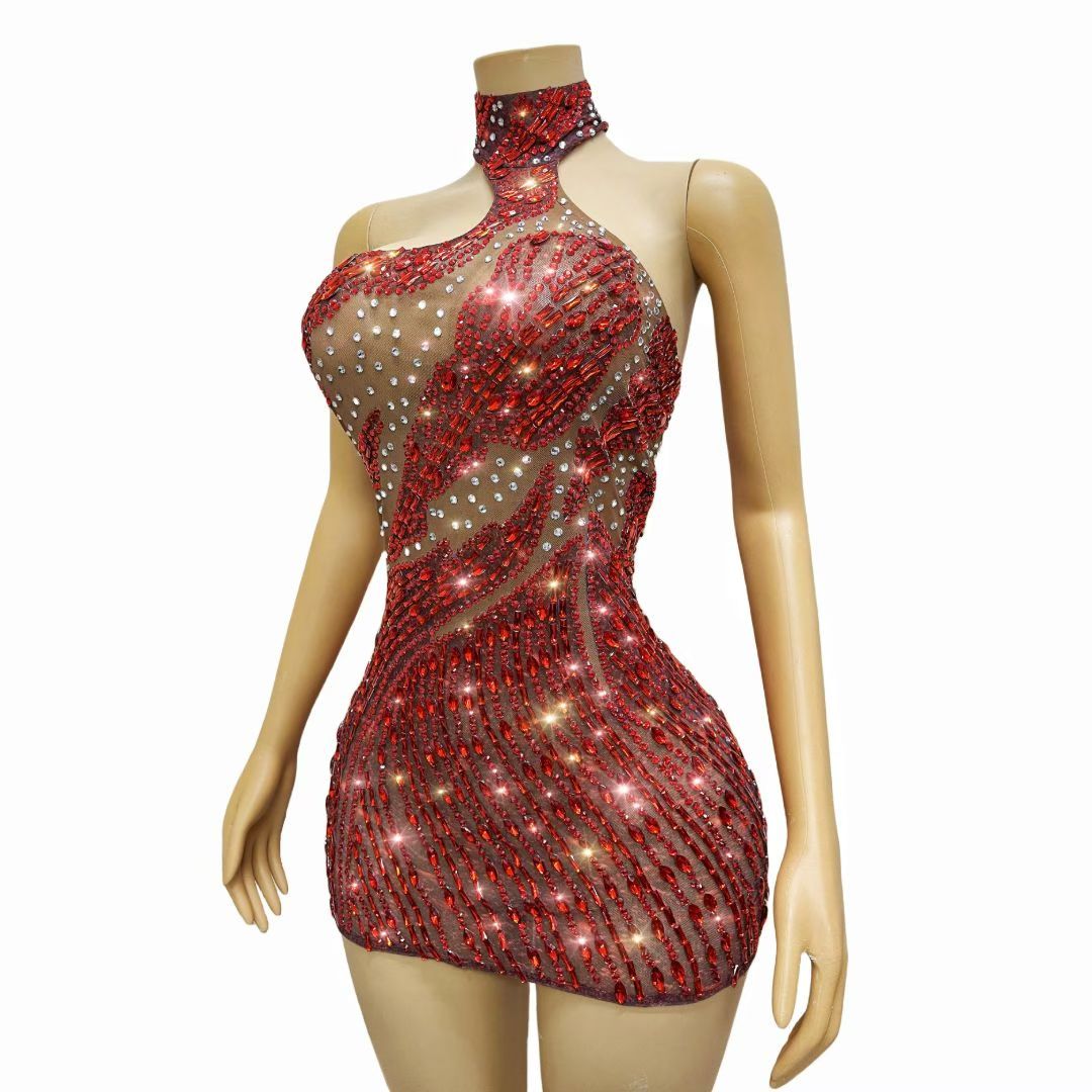 CELESINYI Honglin Crystal Red Forest Mini Dress