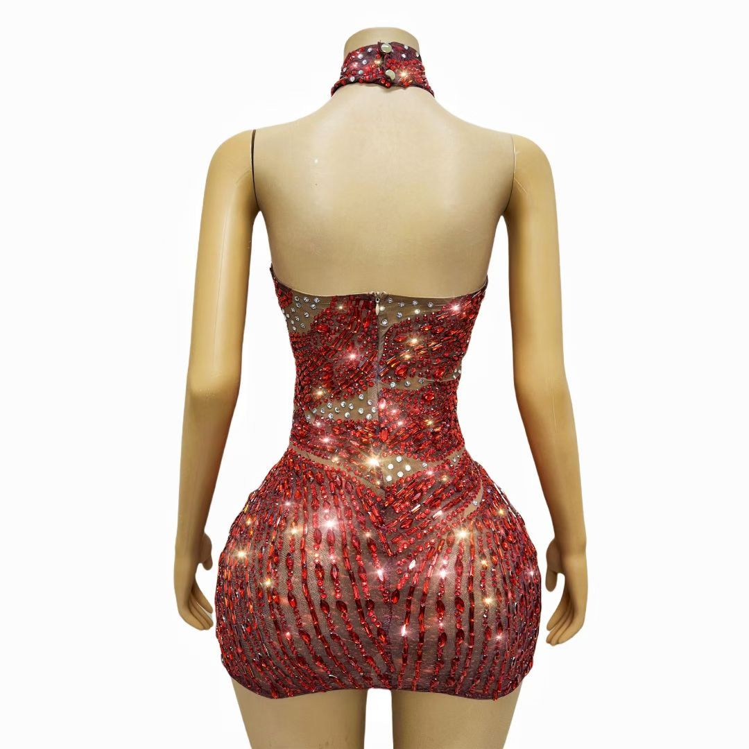 CELESINYI Honglin Crystal Red Forest Mini Dress