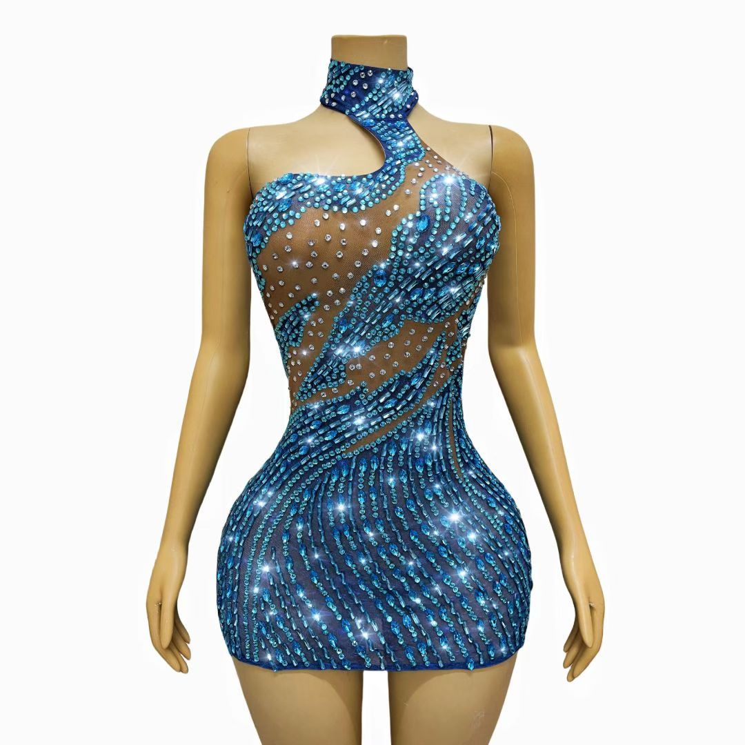 CELESINYI Lanlin Crystal Sapphire Mini Dress