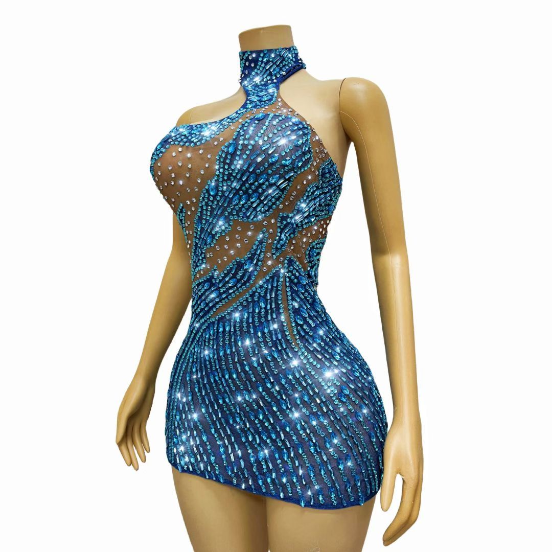 CELESINYI Lanlin Crystal Sapphire Mini Dress